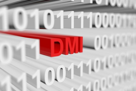 DMI in binary code with blurred background 3D illustration