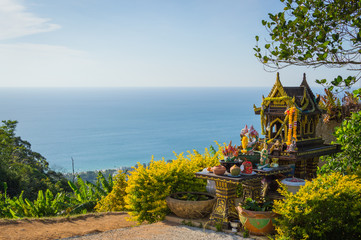 Asian style spirit house in Thailand. Phuket. Sea landscape view