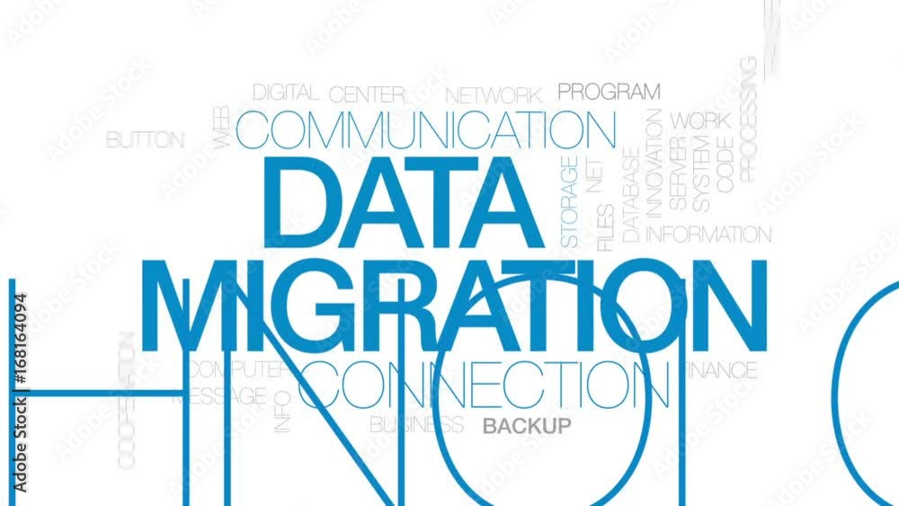 Poster data migration animated word cloud, text design animation. kinetic typography.