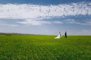 Fototapeta premium Beautiful bride and groom couple walking at the wedding