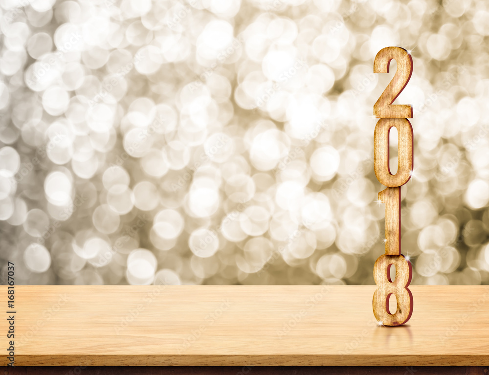 Poster 2018 new year wood number (3d rendering) on wood table with sparkling gold bokeh wall,leave space fo