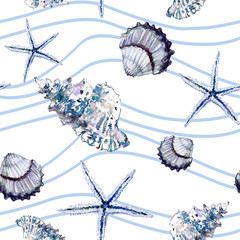 Naadloze mariene patroon met schelpen, zeester en blauwe golvende lijnen op witte achtergrond. Aquarel schilderij.