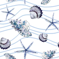 Behang Naadloze mariene patroon met schelpen, zeester en blauwe golvende lijnen op witte achtergrond. Aquarel schilderij. © katiko2016