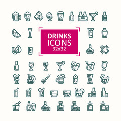 Set of vector illustrations of icons of drinks. Simple signs of alcoholic and refreshing drinks in bottles and glasses, isolated on white