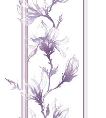 Light violet contour of magnolia flowers on a twig and vertical lines on white background. Seamless pattern.