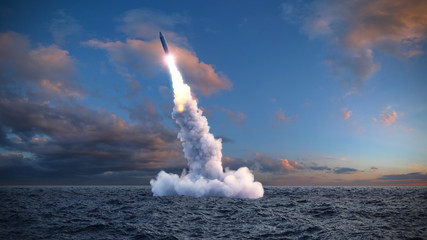 The launch of a ballistic missile from under water - obrazy, fototapety, plakaty