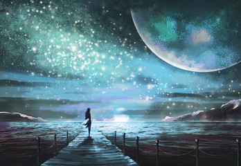 Fantastic illustration with an unknown planet and MilkyWay, stars.  girl in  dress is standing on pier on the sea and looking at the space landscape. Painting.
