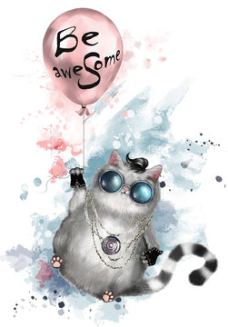 Illustration of a cute cat in rocker style, with round glasses and jewelry. Cat flying on a balloon with lettering - be awesome. watercolor Splash paint. T-shirt, cool print..