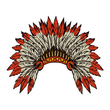 Native American with feathers. Vector drawing