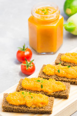 Toasted bread with vegetable caviar. Traditional russian appetizer. 