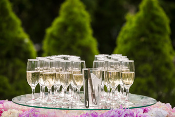 set of champagne bottles, glasses, ice, decorations and forceps outdoor service catering