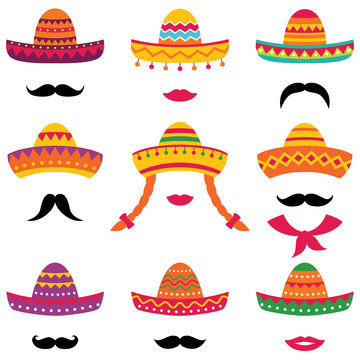 Traditional Mexican isolated sombrero hats set