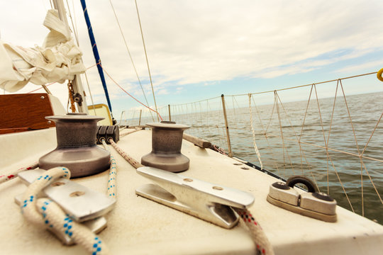 Yacht capstan on sailing boat during cruise