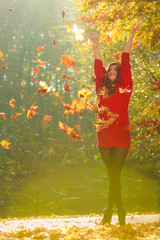 Joyful girl having fun with leaves in autumnal park.