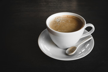 Capuccino, mocha, latte,americano, espresso hot coffee aroma in cup breakfast morning drink on wooden table vintage bar windows in cafe shop with newspaper restaurant background,copy space the left.
