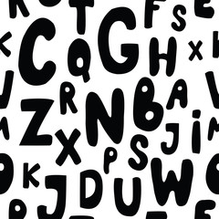 Seamless pattern with black cartoon letters on white background.