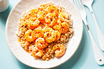Prawns in sweet chilli sauce with barley