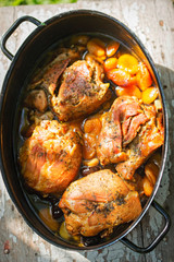 Turkey breasts roasted with dried plums and apricots in gravy