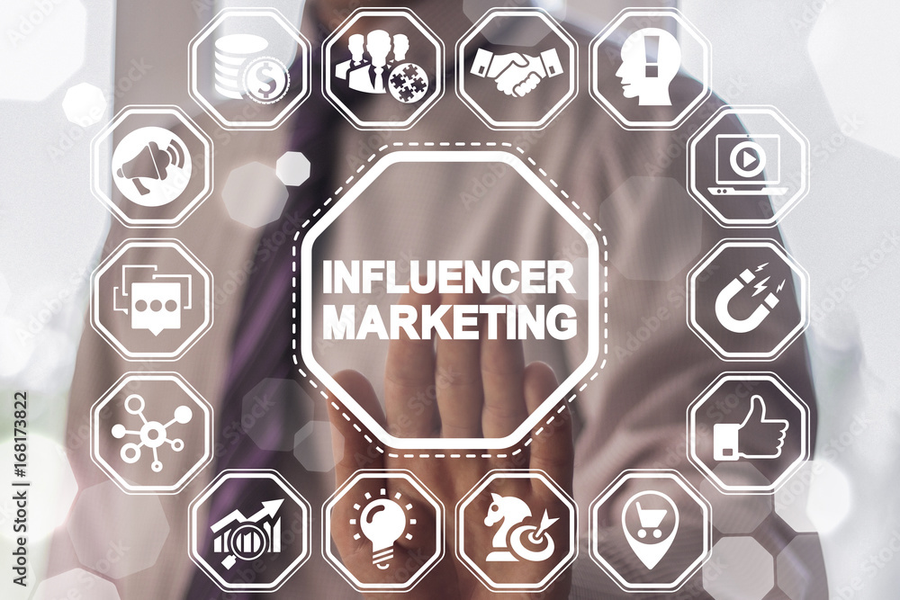 Poster man presses influencer marketing button on a virtual graphical user interface. influence marketing b