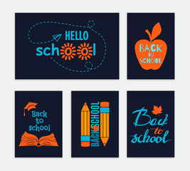 Back to school six colorful banners. Vector greeting card set. All isolated and layered