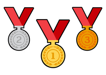 Set of award medals with red ribbons. Vector illustration