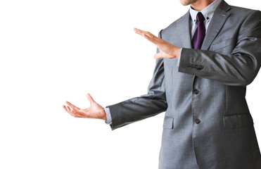 Business man with open hands, isolated on white background
