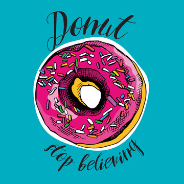 Bright Poster. Image of a pink Donut with sprinkles on a blue background. Vector illustration.