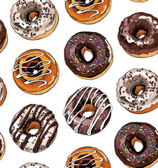 Seamless pattern with image of a Chocolate Donuts. Vector illustration.