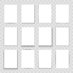 Blank paper cards with different shadows isolated. Set of transparent shadow for your design. Vector illustration