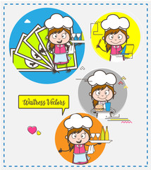 Cartoon Waitress with Many Concepts Vector Set