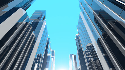 Fototapeta na wymiar 3D illustration of modern corporate skyscrapers with reflective blue windows. The camera is tilted upwards.