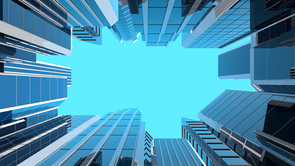 3D illustration of modern corporate skyscrapers with reflective blue windows. The camera is looking straight at the sky.