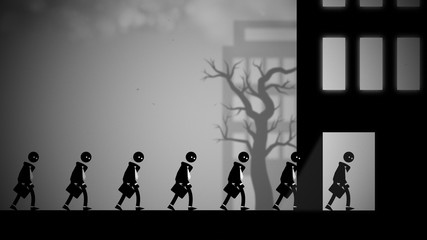 Depressed white-collar workers marching to their daily office jobs. Conceptual illustration with a dark, dystopian feel, like George Orwell's 1984 or Metropolis. - obrazy, fototapety, plakaty