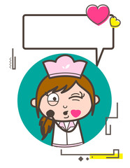 Cartoon Waitress Blowing Kiss with Speech Bubble Vector Illustration