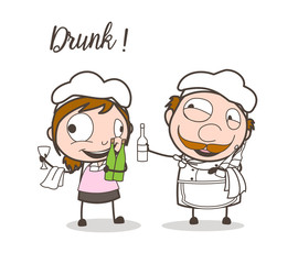 Cartoon Drunk Funny Waitress and Chef Caricature Face Vector