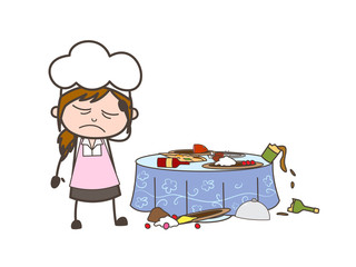 Cartoon Waitress Getting Upset for Food Spoiling Vector Illustration
