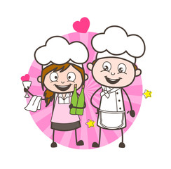 Cartoon Waitress and Chef with Wine Bottles Vector Illustration