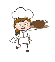Cartoon Waitress Having Dish of Chicken Vector Illustration