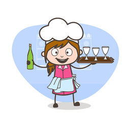 Cartoon Waitress Showing Wine Bottle and Glasses Vector Illustration