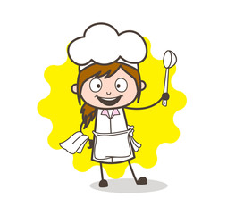 Cartoon Joyful Waitress Holding a Big Spoon Vector Illustration