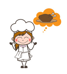 Cartoon Excited Waitress Thinking for Chicken Vector Illustration