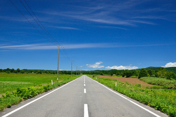 夏の高原のまっすぐな道路