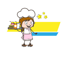 Cartoon Joyful Waitress Skating with Breakfast Vector Illustration
