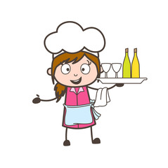 Cartoon Waitress Holding a Plate of Wine Bottles and Glasses Vector