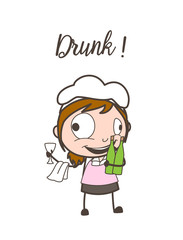 Cartoon Funny Drunk Waitress Caricature Face Vector Illustration