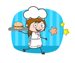 Cartoon Waitress Running with Burger Vector Illustration