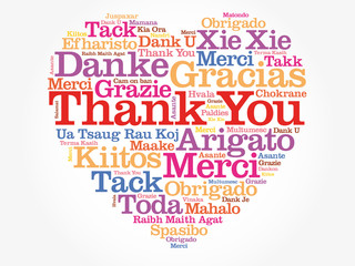 Thank You Love Heart Word Cloud in different languages, concept background