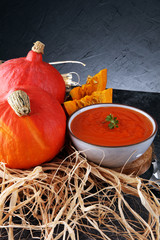 Pumpkin soup with fresh autumn hokkaido pumpkins