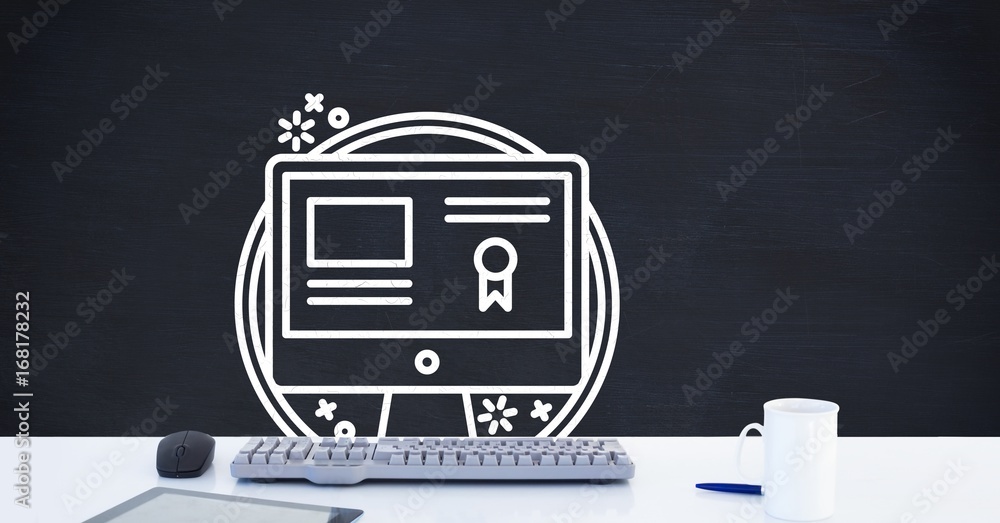 Poster computer desk foreground with blackboard graphics of computer ce