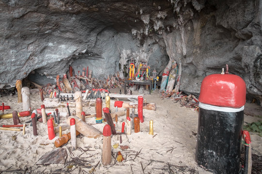 Phra Nang Shrine Temple (Princess Cave) with phallus sculptures - symbol of fertility. Krabi, Thailand.
